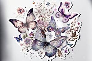 Butterflies art hand drawn painting style on white background