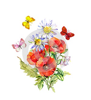 Butterflies at bouquet with flowers. Floral summer composition - poppies, chamomile flower. Watercolor