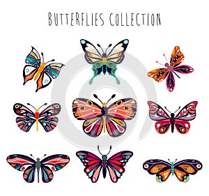 Butterflies collection with hand drawn elements isolated on white