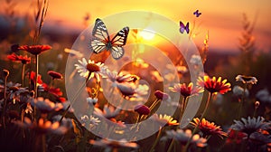 Butterflies on daisies in the meadow at sunset