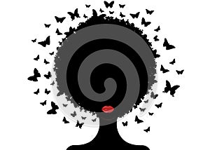 Butterflies decorative composition with silhouette portrait black girl. Beauty center concept, hairstyle salon, Spa. Logo icon