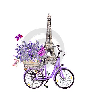 Butterflies, Eiffel tower, bicycle with lavender flowers in basket in Paris, France. Watercolor