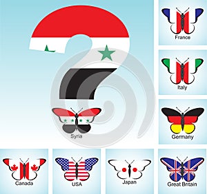 Butterflies with flags of countries group of Seven and Syria with question