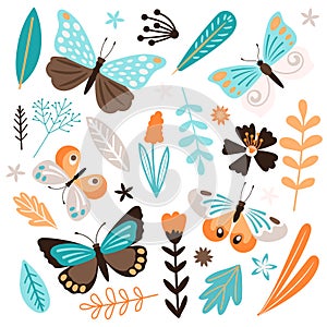 Butterflies and floral elements vector isolated on white background