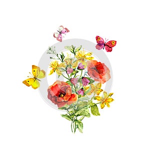 Butterflies with flower. Floral bouquet - poppies, summer flowers. Watercolor