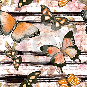 Butterflies, flowers at monochrome striped background with hand written text. Repeating floral background. Watercolor