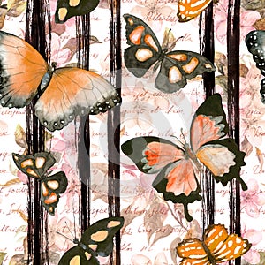 Butterflies, flowers at monochrome striped background with hand written text. Repeating floral background. Watercolor