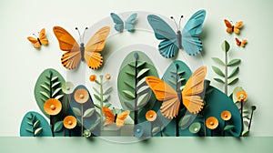 butterflies and flowers in paper art style