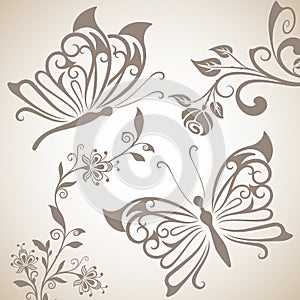 Butterflies and flowers shapes background