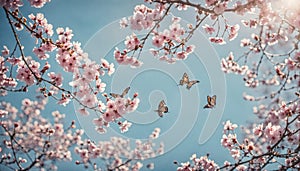 Butterflies flutter near blooming trees in the air, AI-generated.