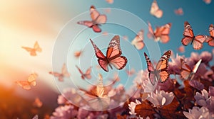 Butterflies flying in the blue sky and pink flowers. Spring background. Peach Fuzz color