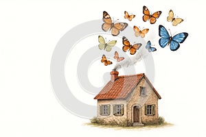 Butterflies flying out of the chimney of the house. Space for text.