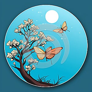 butterflies flying over a tree with flowers and a moon in the background