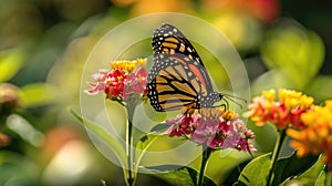 Butterflies with intricate patterns on vibrant flowers, natural background