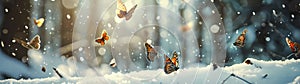 Butterflies joyfully dance and flutter through the crisp, snowy air