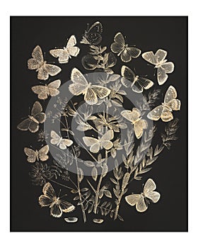 Butterflies and moths fluttering over flowers vintage illustration wall art print and poster design remix from original artwork