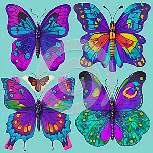 Butterflies with a psychedelic and trippy color scheme. The color schemes will be neon and electric. Ai Generated