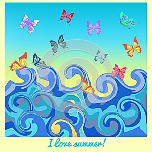 Butterflies rest on the sea in summer. illustration