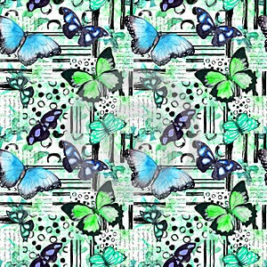 Butterflies. Seamless pattern - biskay green butterfly on floral background. Watercolor. Collage of abstract lines