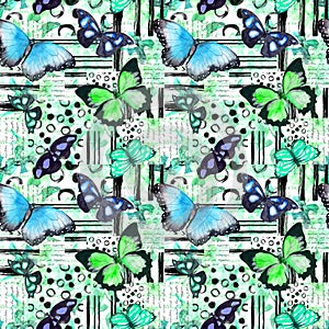 Butterflies. Seamless pattern - biskay green butterfly on floral background. Watercolor. Collage of abstract lines photo