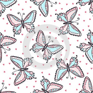 Butterflies seamless pattern in doodle style. Hand drawn butterfly vector illustration for fabric. textile, wrapping, wallpaper
