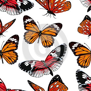 Butterflies seamless pattern, vector background. Bright multicolored insects on a white backdrop. For fabric design, wallpapers, w