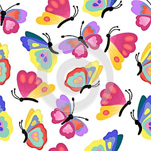 Butterflies seamless repeating pattern. Colorful butterfly background for fabric, wallpaper, packaging.