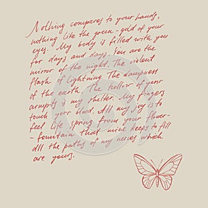 Butterflies silhouettes. Butterfly card template on romantic ckground. Graphic illustration. Handwritten abstract text