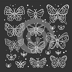 BUTTERFLIES SKETCH ON BLACK Watercolor Vector Inverse Set