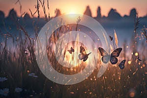 butterflies tall grass beauty in nature field flowers sunset dusk bokeh effect