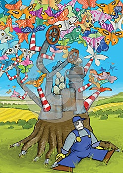 Butterflies, worker puppet character and a tree with factory and smokestack