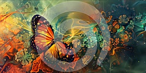 Butterfly on abstract floral background. 3D illustration. Elements of this image furnished by NASA