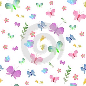 Butterfly anf flowers watercolor seamless pattern