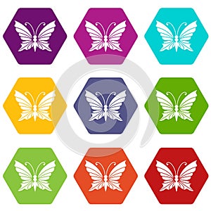 Butterfly with antennae icons set 9 vector