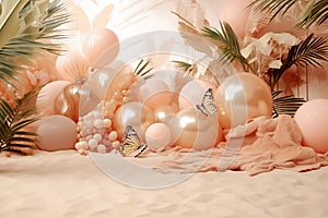 Butterfly and balloons as birthday baby photography backdrop, pastel color and gold balloons, palm leaves