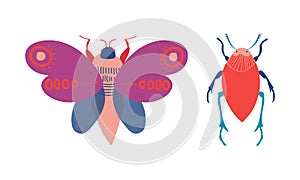 Butterfly and Beetle Insects as Hexapod Flying Creature with Jointed Legs and Pair of Antennae Vector Set