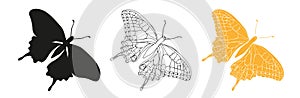 Butterfly black ink line art, silhouette illustrations. Insect set for coloring page, tattoo silhouette, hand drawn