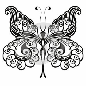 Butterfly black and white wings. Decorative insect. Tattoo silhouette. Vector graphic