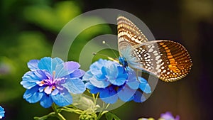 Butterfly on blue flower in the garden, nature background, Beautiful butterfly perched on a blue flower, AI Generated