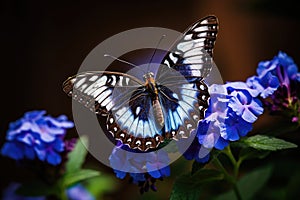 Butterfly on blue flowers in the garden. Close up, Beautiful butterfly perched on a blue flower, AI Generated