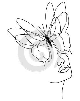 Butterfly. Butterfly face, continuous line, face and hairstyle drawing
