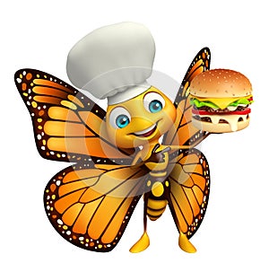 Butterfly cartoon character with burger and chef hat