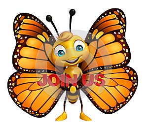Butterfly cartoon character with join us sign
