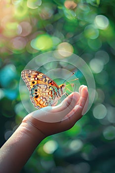 butterfly on child& x27;s hand close-up