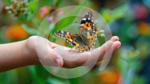 butterfly on child& x27;s hand close-up