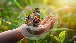 butterfly on child& x27;s hand close-up