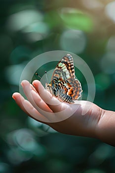 butterfly on child& x27;s hand close-up