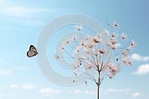 butterfly and dandelion on blue sky background