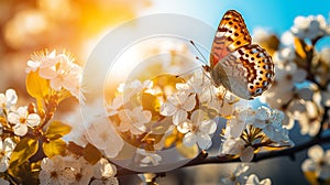 Butterfly on delicate white spring flower with soft focus macro background in easter spring nature