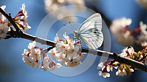 Butterfly on delicate white spring flower with soft focus macro background in easter spring nature